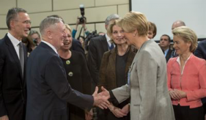 Defense Secretary Jim Mattis greets Italian Defense Minister Roberta Pinotti before a North Atlantic Council meeting at NATO headquarters in Brussels, Feb. 15, 2017. DoD photo